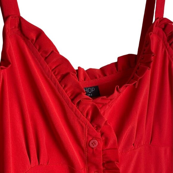 TopShop Red Button Down Ruffle Trim Dress Travel Vacation Womens Sz 2 NWOT - Picture 5 of 8